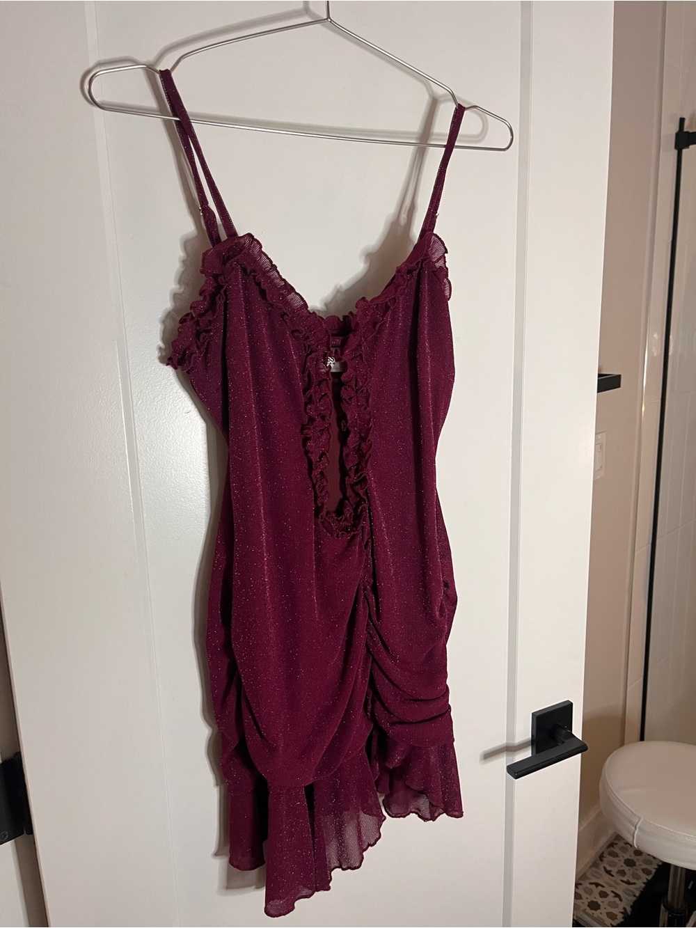 Princess Polly Burgundy Sparkle Ruffle Mini Dress